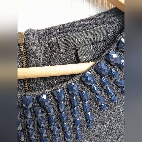 J Crew Gray Wool Rabbit Hair Blend Blue Jewel Beaded Neckline Top Size Medium - Picture 3 of 5